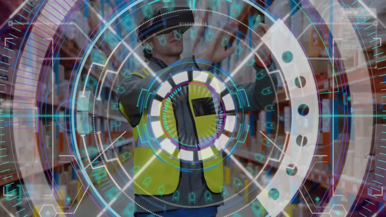animación de escaneo de alcance sobre un trabajador de almacén masculino con auriculares vr y manos en movimiento