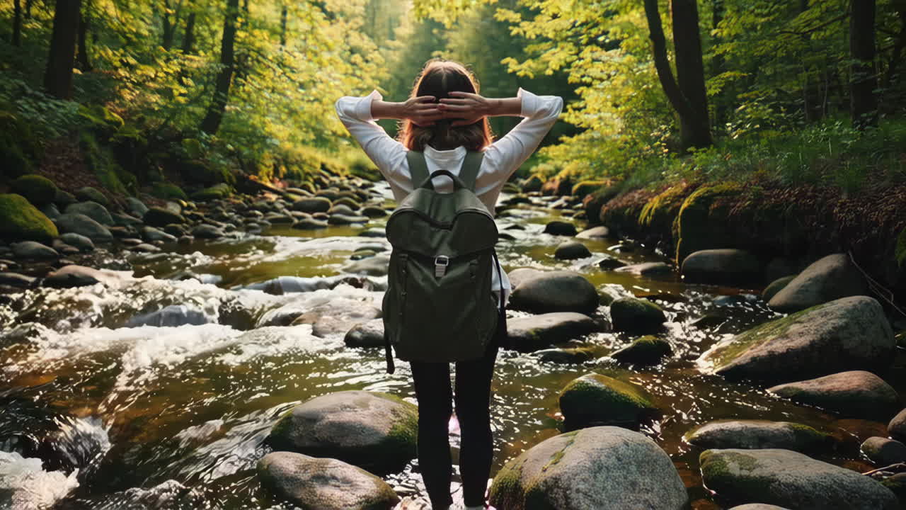 숲 속 의 하천 에서 산책 하는 여자