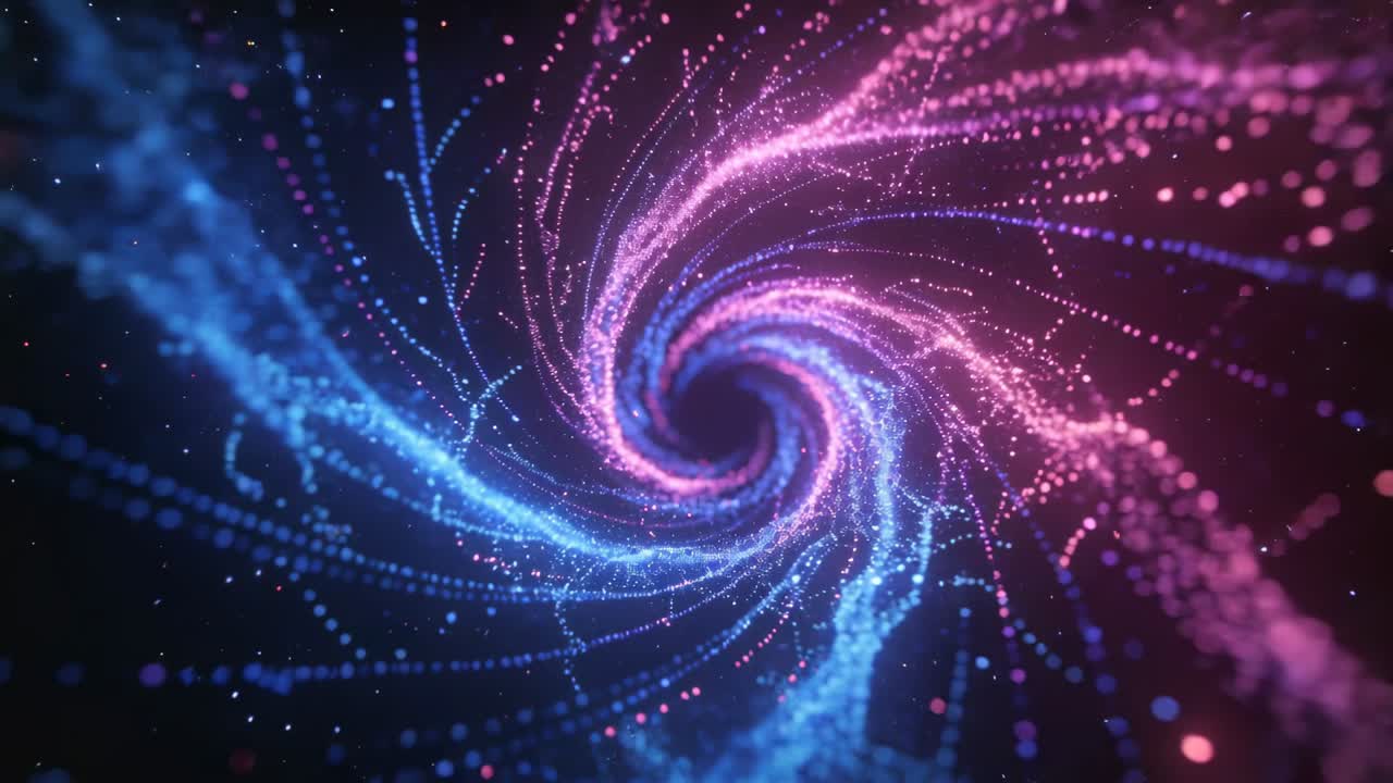 Vertical video: Frame 1 starting pink-blue particle vortex spiraling to core in space, adding depth