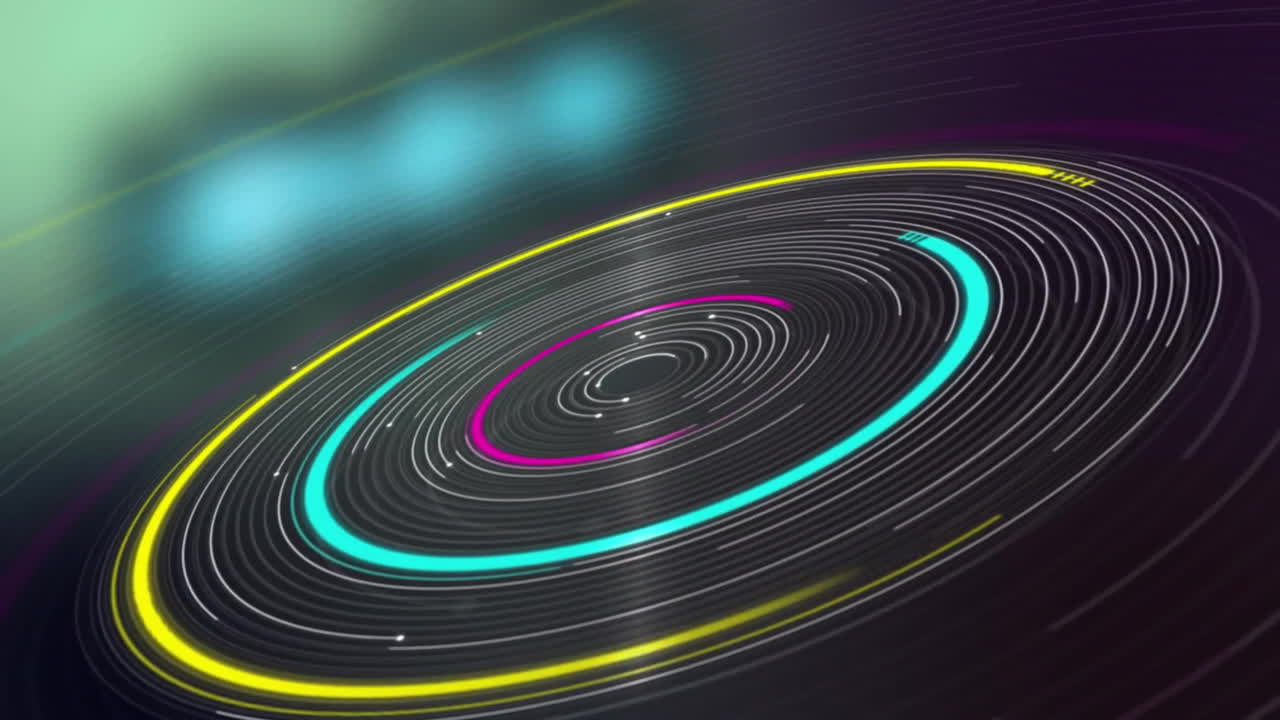 Animation of glowing circles of light spinning on dark background