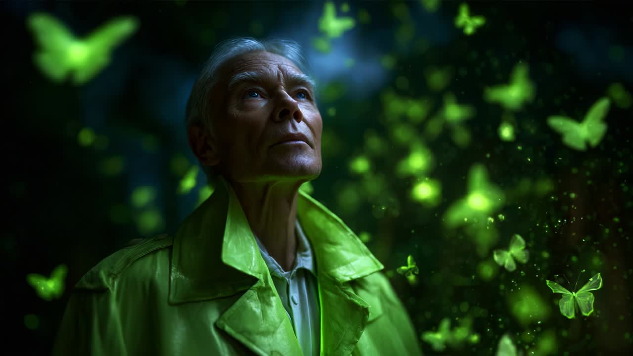A Serene Elder Gazes Upward Amidst a Flurry of Ethereal Green Butterflies, Embracing the Mystical and Transcendent Connection Between Humanity and Nature in a Dreamlike Setting