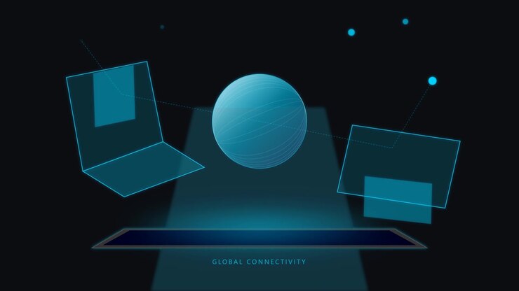 Digitalt globalt forbindelseskoncept med holografisk globus og enheder