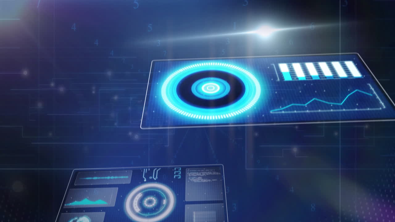 Analyzing data graphs and sound waves, digital interface on blue background