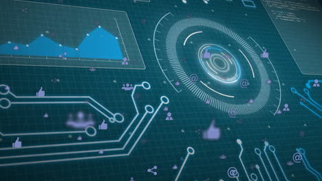 animación de análisis de datos con interfaz digital que muestra gráficos e íconos