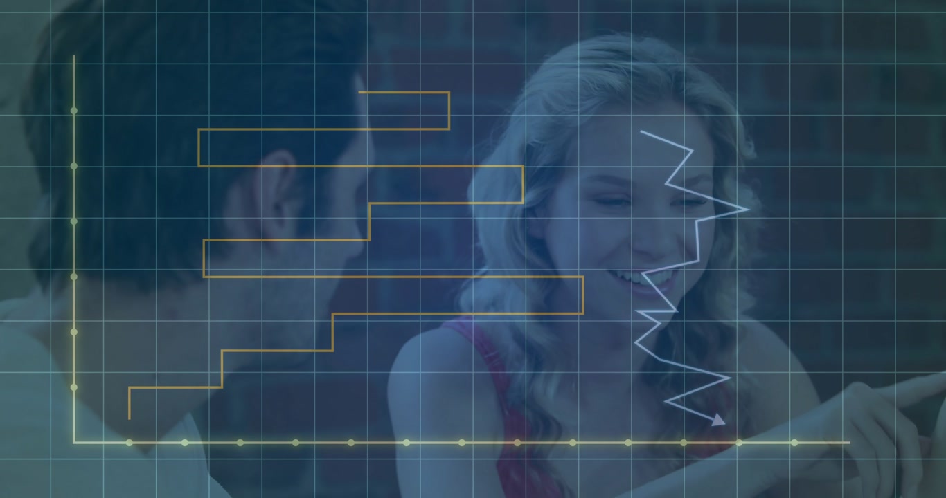 Teen girl pointing phone screen and explaining bar chart overlay guiding man through business data