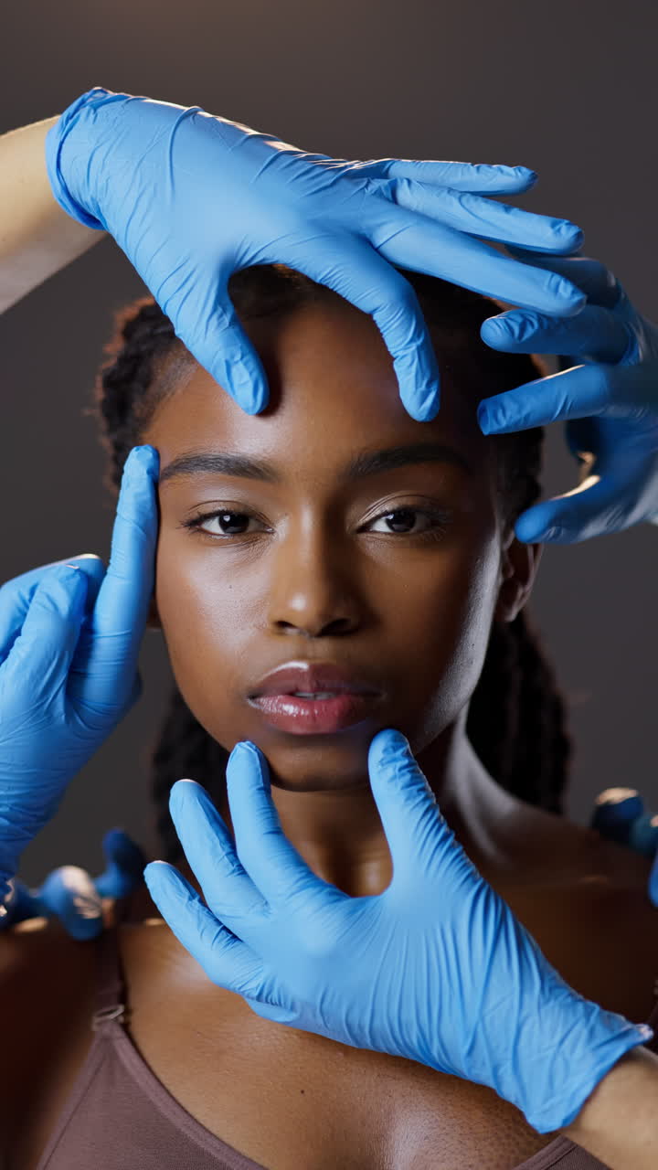 Woman's Face Surrounded by Gloved Hands