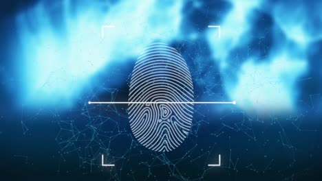 animation of biometric fingerprint scanner and plexus networks over light spots on blue background