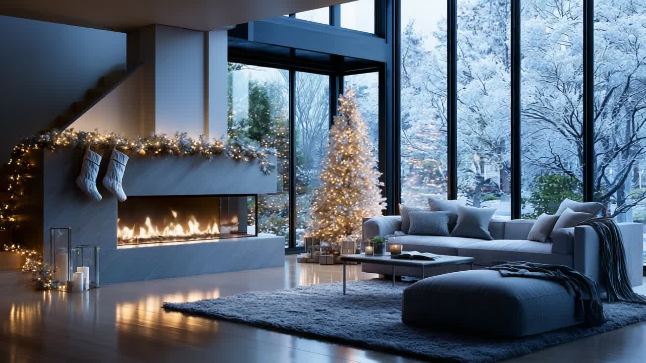 A Cozy Winter Retreat: Elegant Living Room Adorned with a Glowing Fireplace and Festive Decor, Showcasing a Beautiful Christmas Tree Amidst a Serene Winter Wonderland