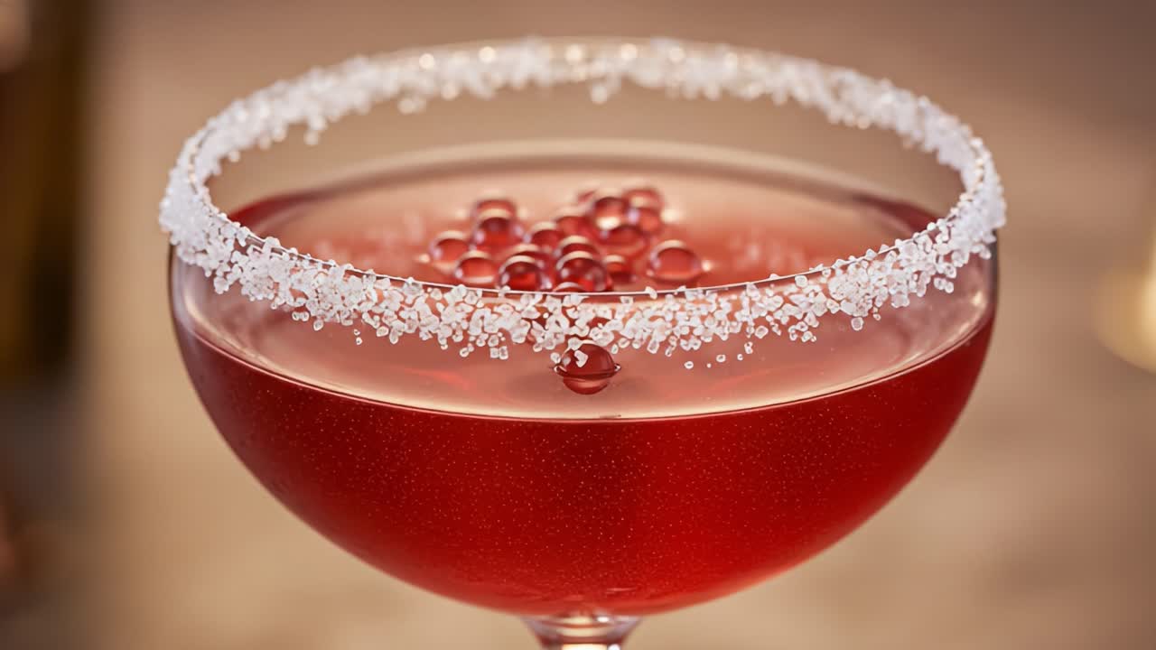 Exquisite Close-Up of a Garnished Cocktail in a Elegant Glass with Sprinkles of Sugar, Featuring Vibrant Bubbles and Rich Red Color, Perfect for Celebrations and Special Occasions