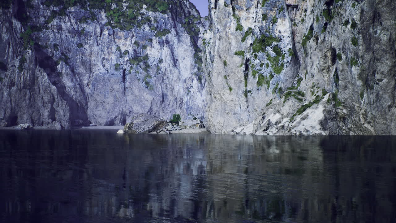 Serene landscape featuring calm water and towering cliffs at dawn