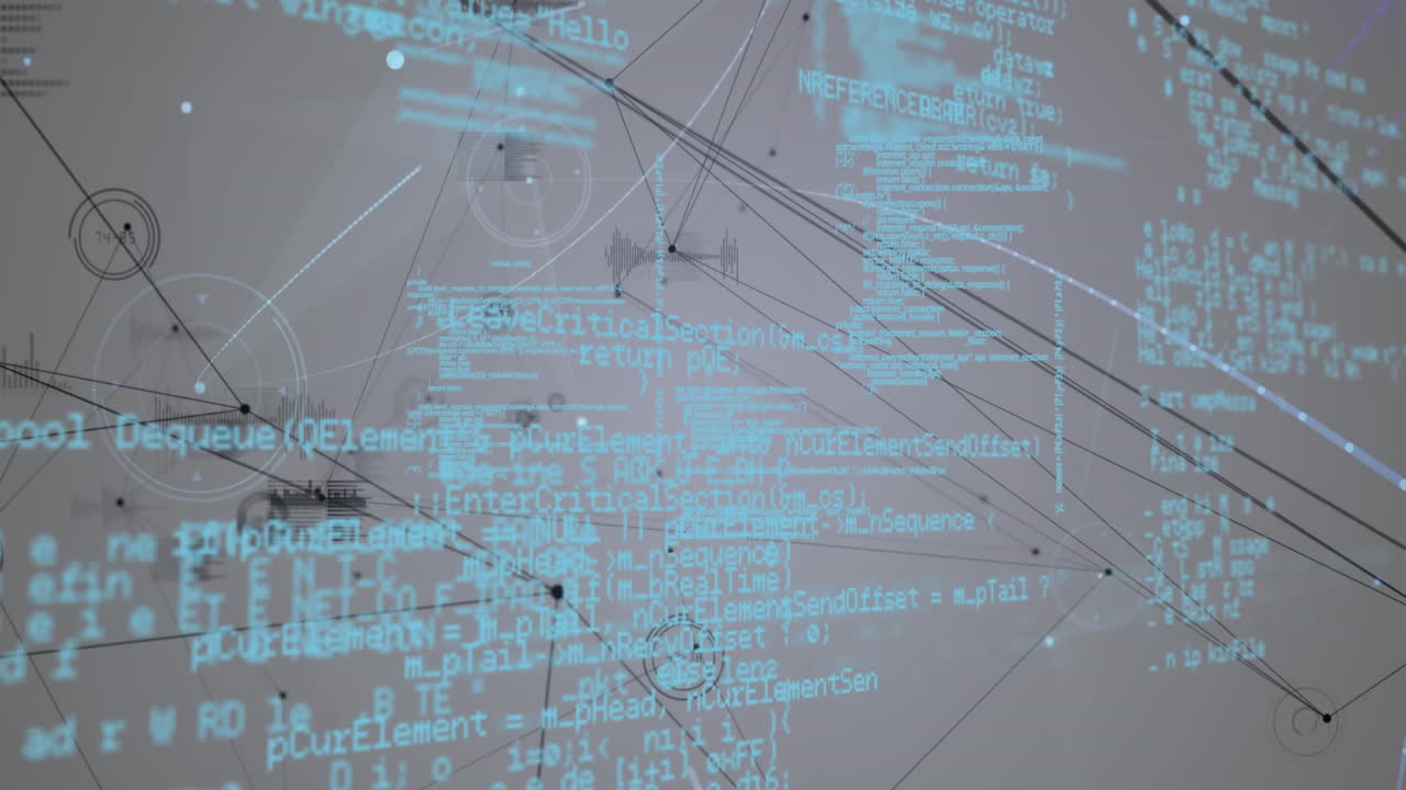 회색 배경에 빛의 반점에 대한 연결 네트워크와 데이터 처리의 애니메이션