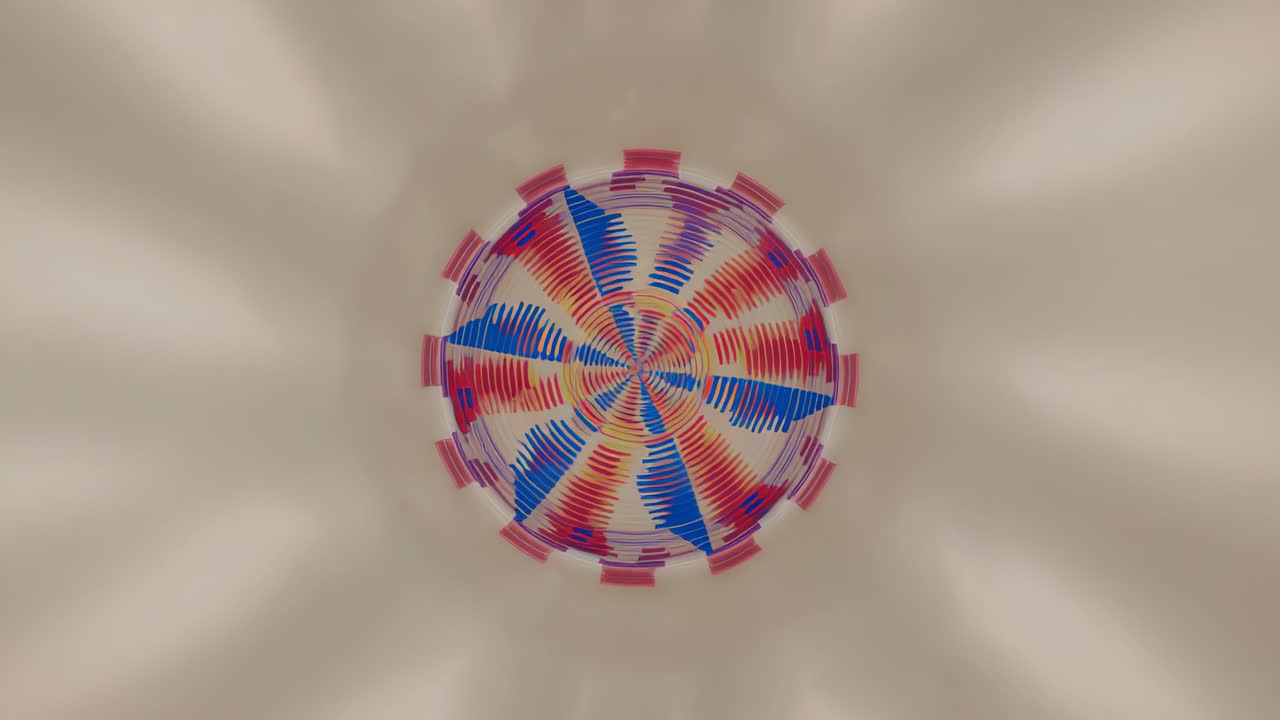 Appearing circular pattern of red and blue bars rotating clockwise on beige backdrop, centered