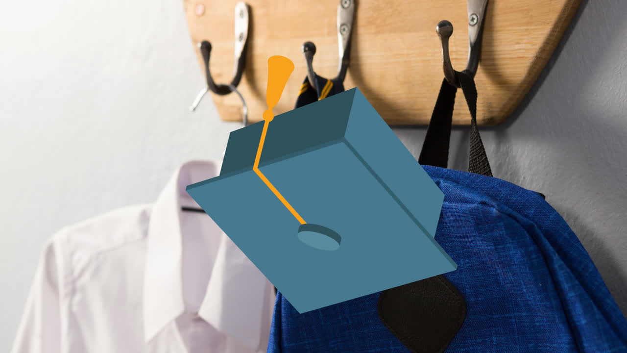 학교 아이템의 애니메이션 아이콘이 학교 아이템 위로 움직입니다.