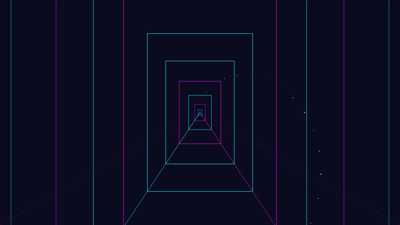 Abstract Tunnel of Glowing Neon Rectangles Moving Through Space