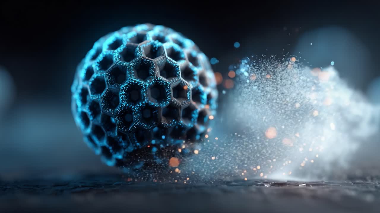 Una cautivadora secuencia de una estructura hexagonal en movimiento: observando la transformación de una esfera texturizada entre intrigantes efectos de partículas.