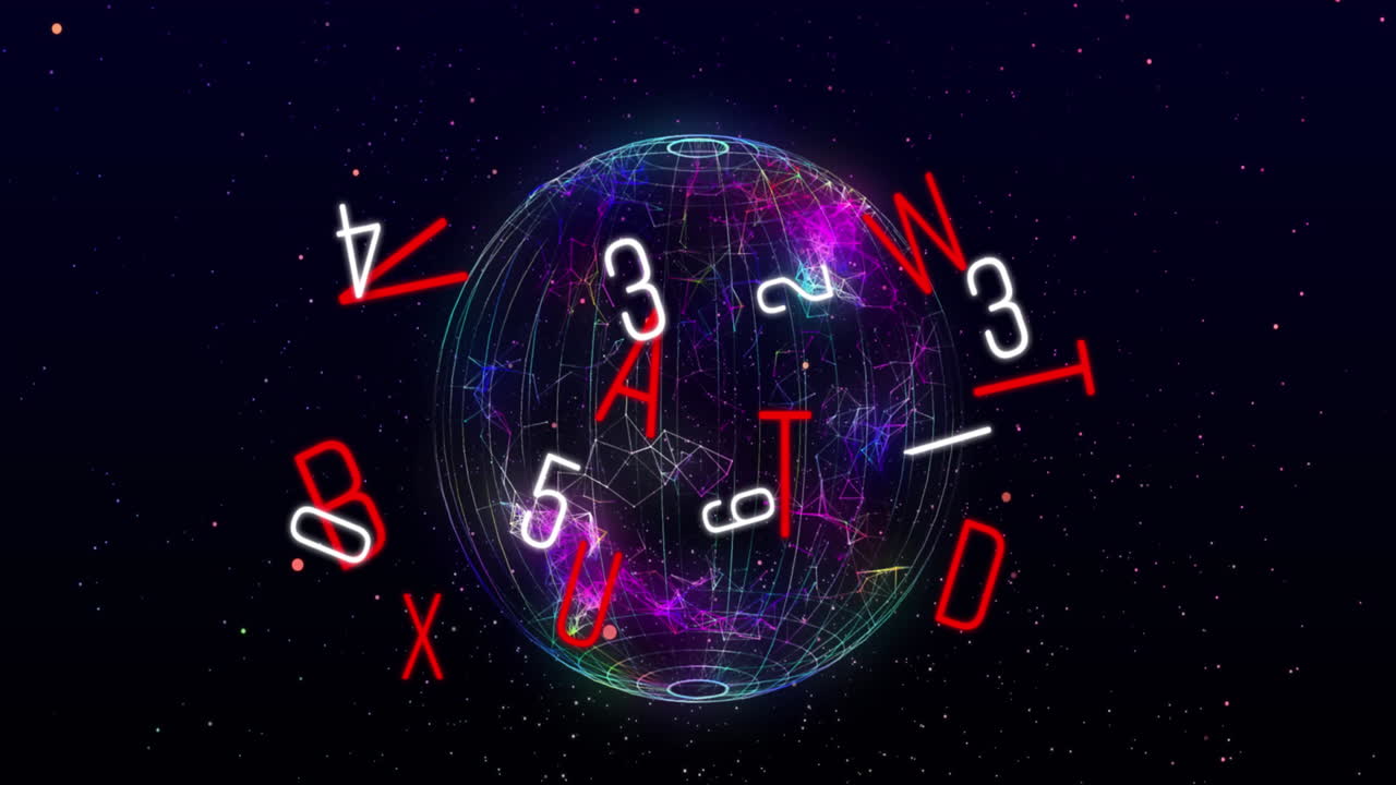 множество меняющихся чисел и алфавитов против вращающегося глобуса сети соединений