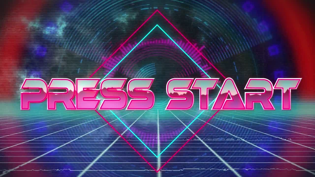 네온 모양에 대한 프레스 시작 텍스트 배너의 애니메이션은 그리드 네트워크에서 원활한 패턴으로