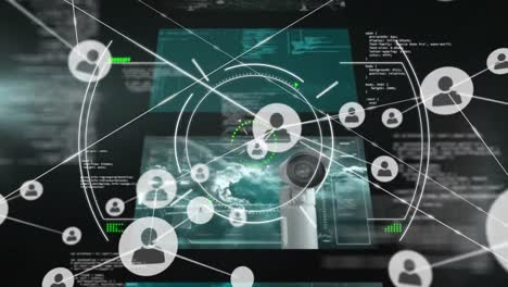animación de la red de conexiones a través del procesamiento de datos y el escaneo de alcance sobre fondo negro