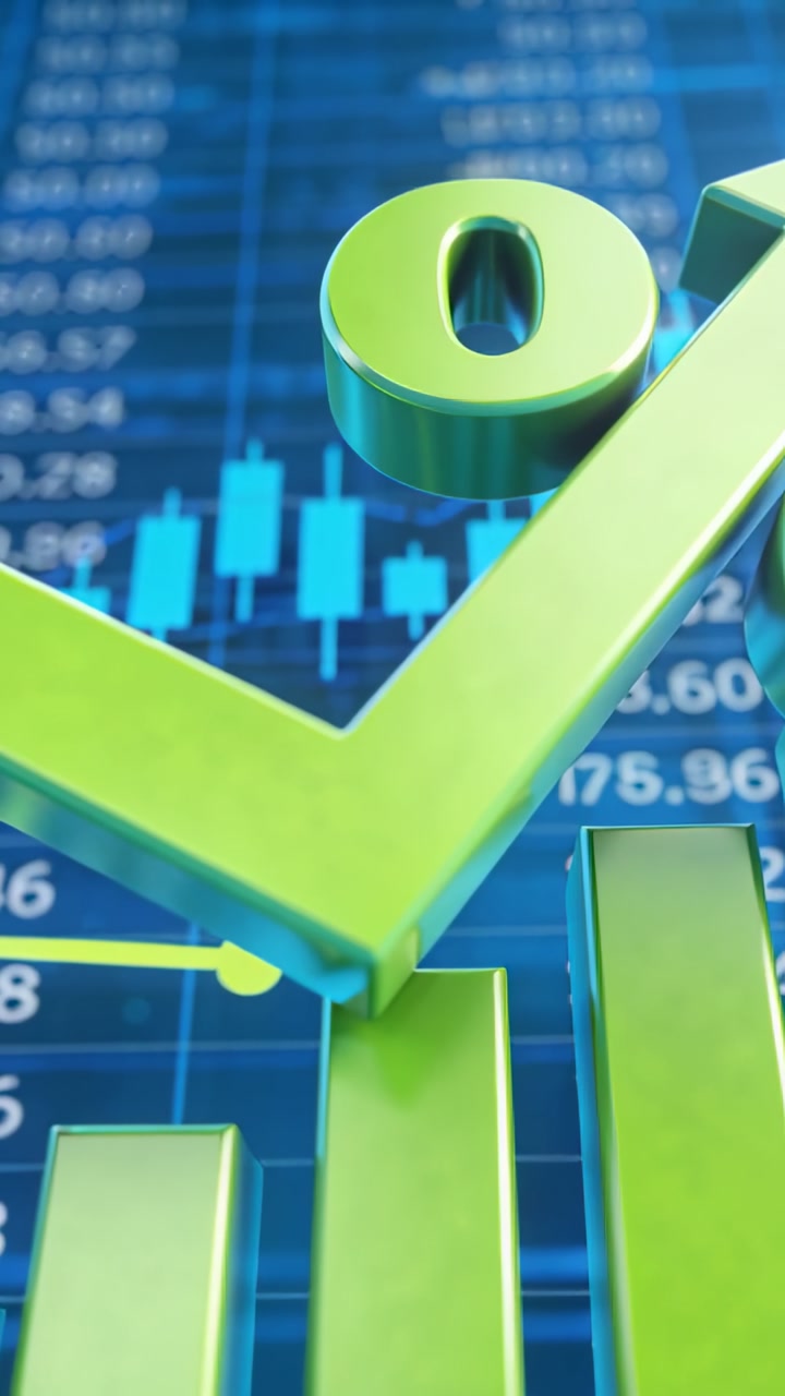 Glossy percent symbol tilting, pan revealing bars, yellow marker, candles showing finance trend