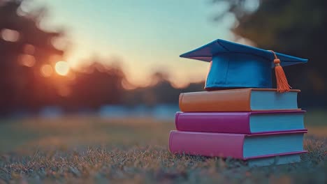 graduation cap on stack of books at sunset