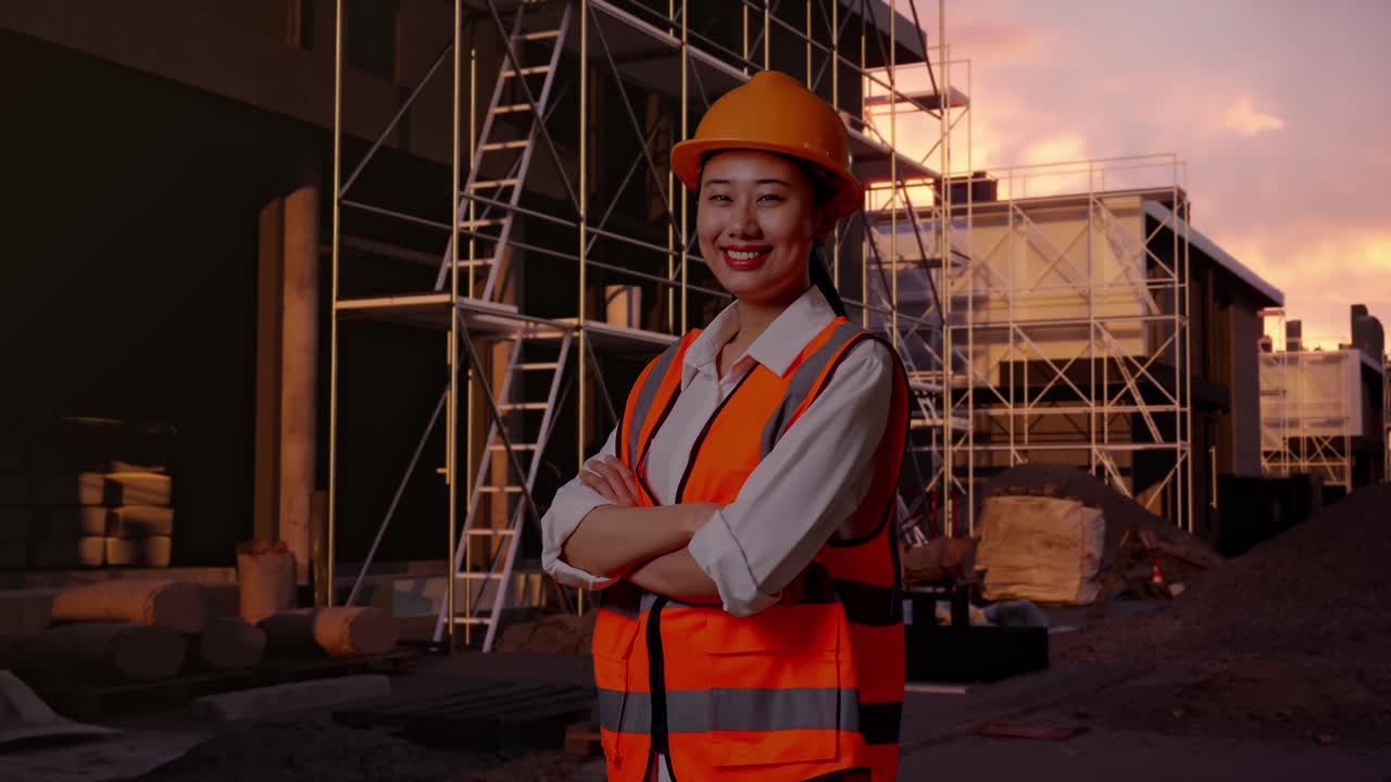 Side View Of Asian Female Engineer With Safety Helmet Crossing Her Arms And Smiling While Standing At Construction Site in Progress to New House