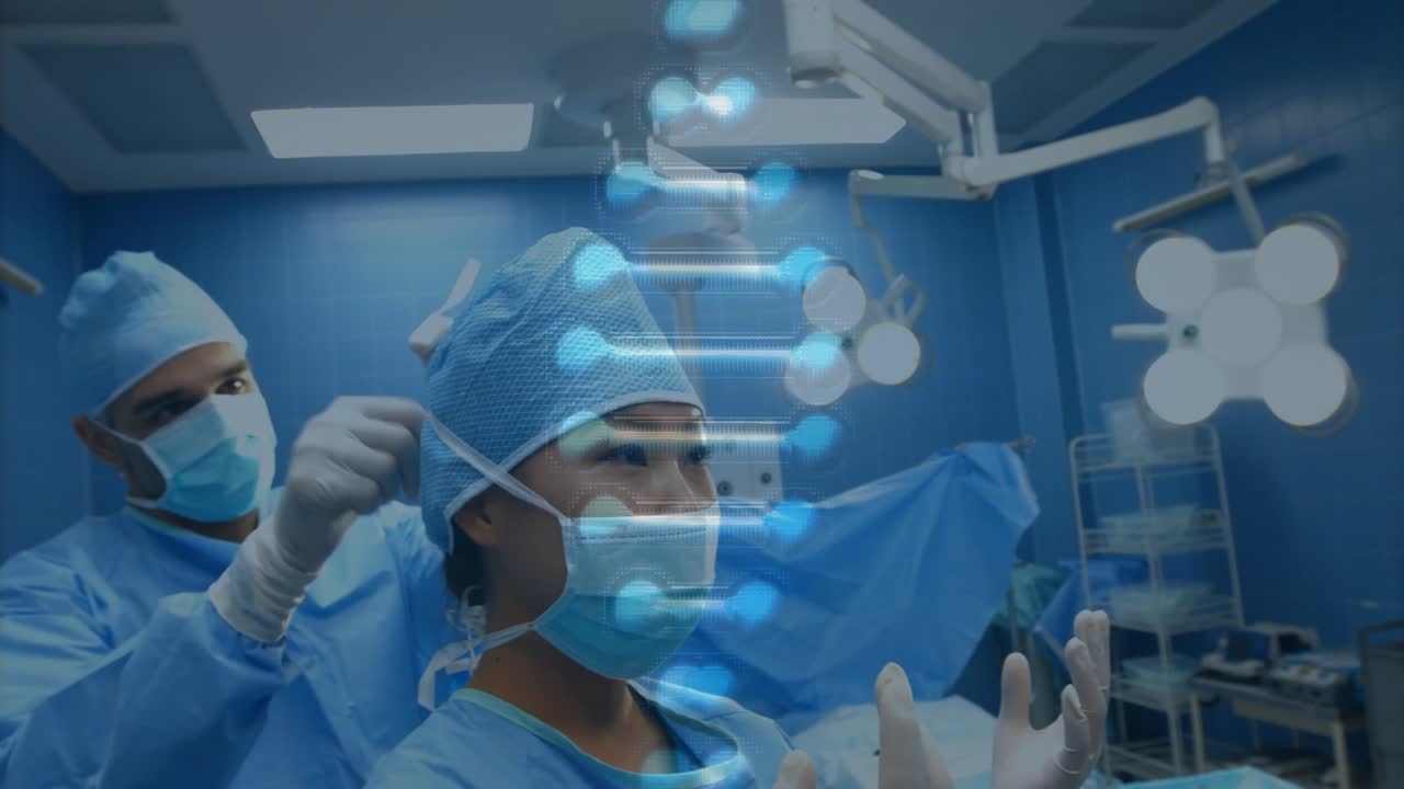 Cirurgião ajustando o gorro de cirurgiã dentro da sala de cirurgia, mostrando uma hélice de DNA digital flutuante.