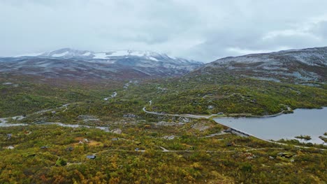 Aerial-over-the-forested-hills-near-Breheimen,-Norway