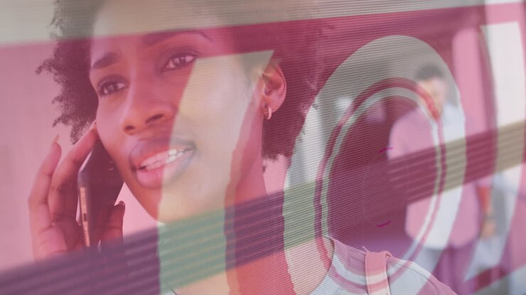 Animation of data processing over biracial businesswoman using smartphone in airport