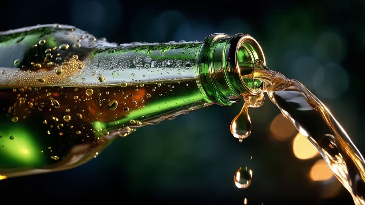 거품과 물방울이 맺힌 초록색 병에서 황금빛 맥주가 따라지고 있습니다.