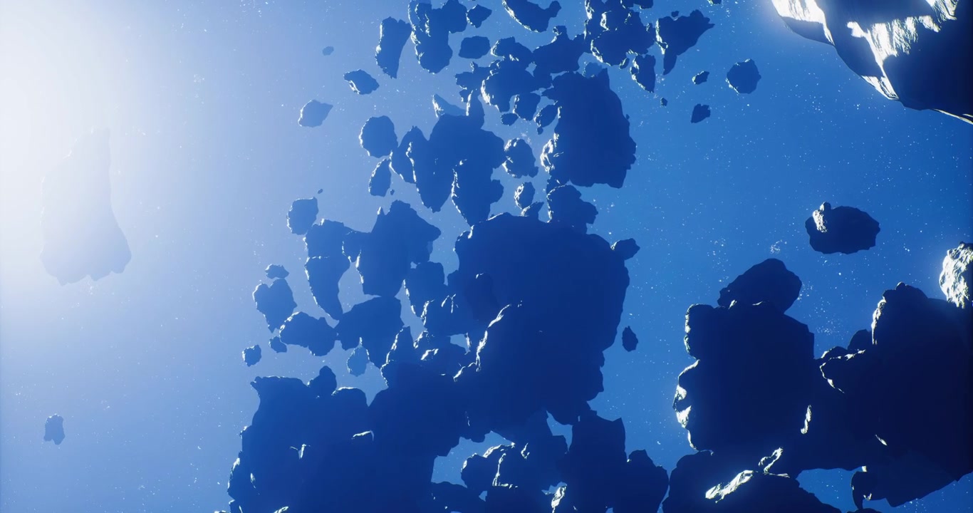 Asteroidi alla deriva nello spazio illuminati dalla luce solare distante.
