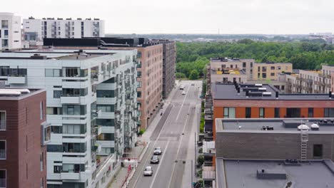 static shot of residential area building rooftops and street, copenhagen