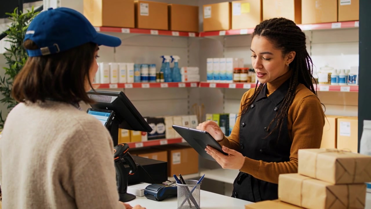Cassiere in servizio con grembiule nero che tocca il tablet al bancone mentre il cliente aspetta, confermando la vendita.