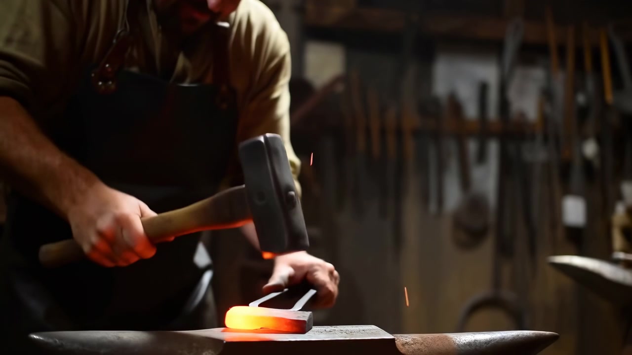 Closeup view shows blacksmith hammering glowing metal on anvil inside dim workshop, with warm orange light, leather apron, gloves, tongs, rustic tools, wooden beams, and shelves creating authentic