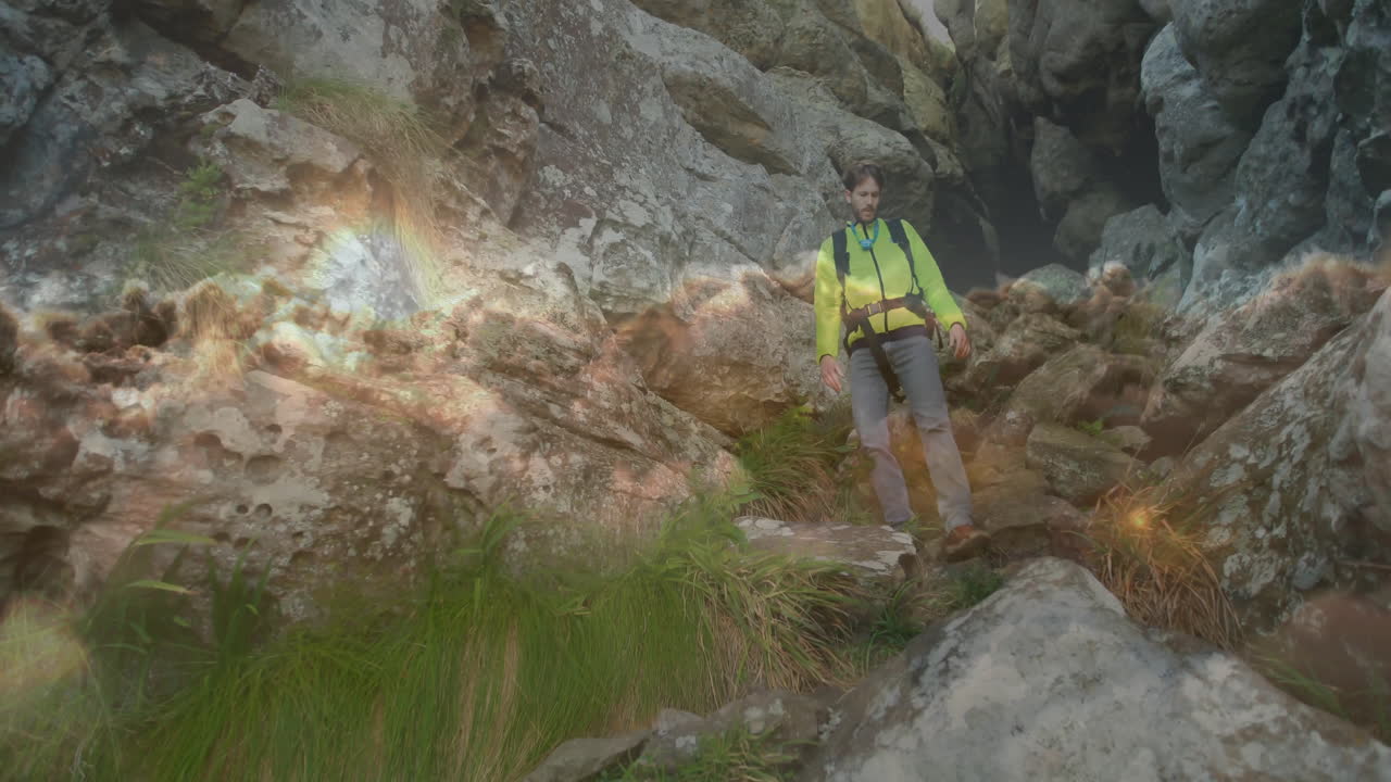 Hiker navigating rocky canyon, with animated route lines and elevation chart for travel marketing