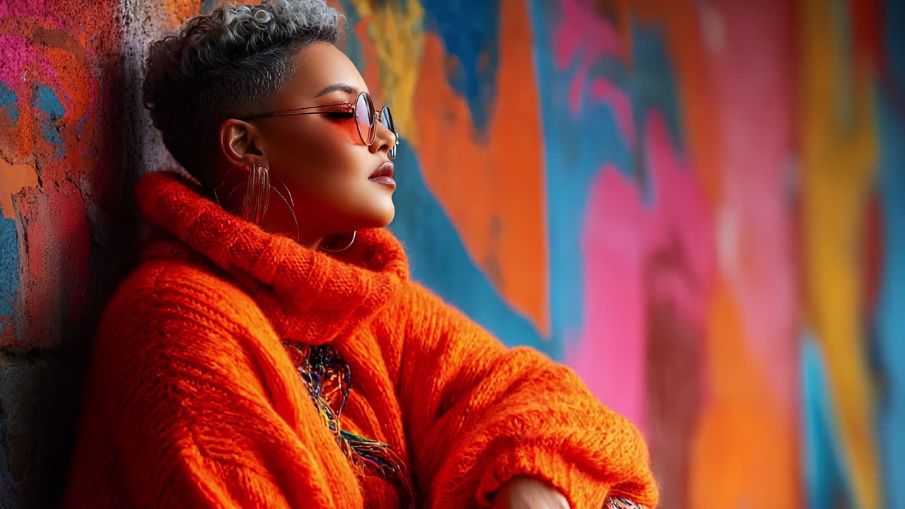 A Chic Urban Portrait Featuring a Fashionable Individual in Vibrant Orange Sweater and Stylish Sunglasses Against a Colorful Mural Backdrop Capturing Contemporary Street Style