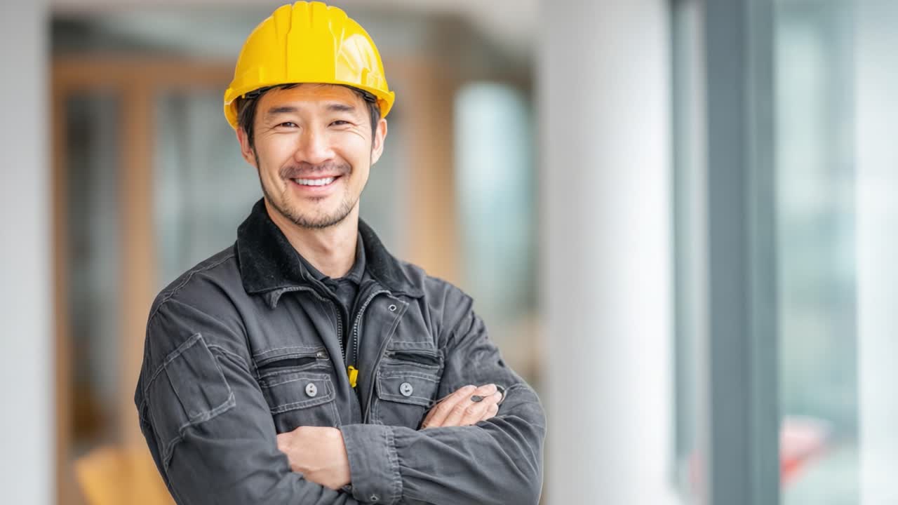 A confident construction worker in a hard hat showcases his skills and professionalism, ready to take on any challenge in the building industry with a smile