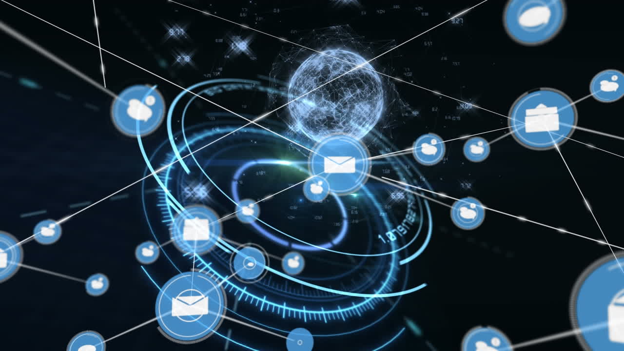 검은색 배경의 둥근 스캐너 위에 회전하는 지구에 대한 디지털 아이콘의 네트워크