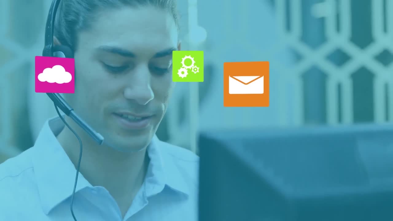 Animación de conexión con iconos y datos sobre un empresario mestizo en la oficina