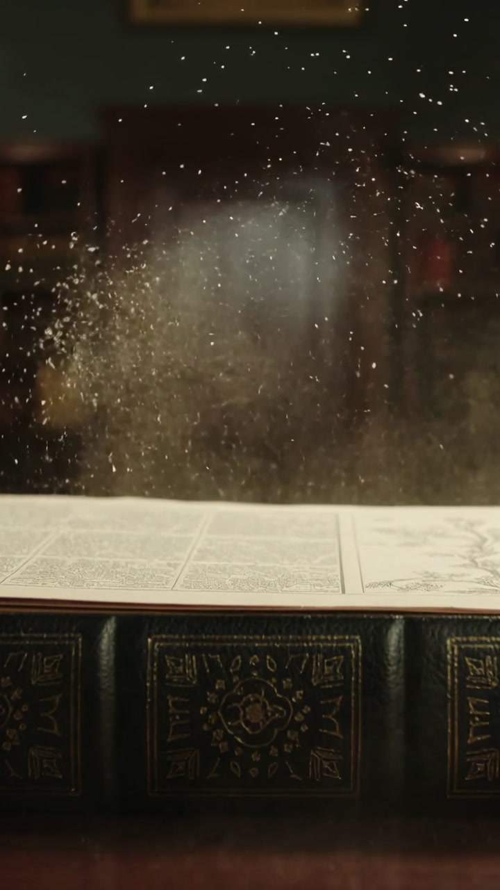 Vertical video: Fanning pages from brittle book releasing dust over ornate spine in quiet study