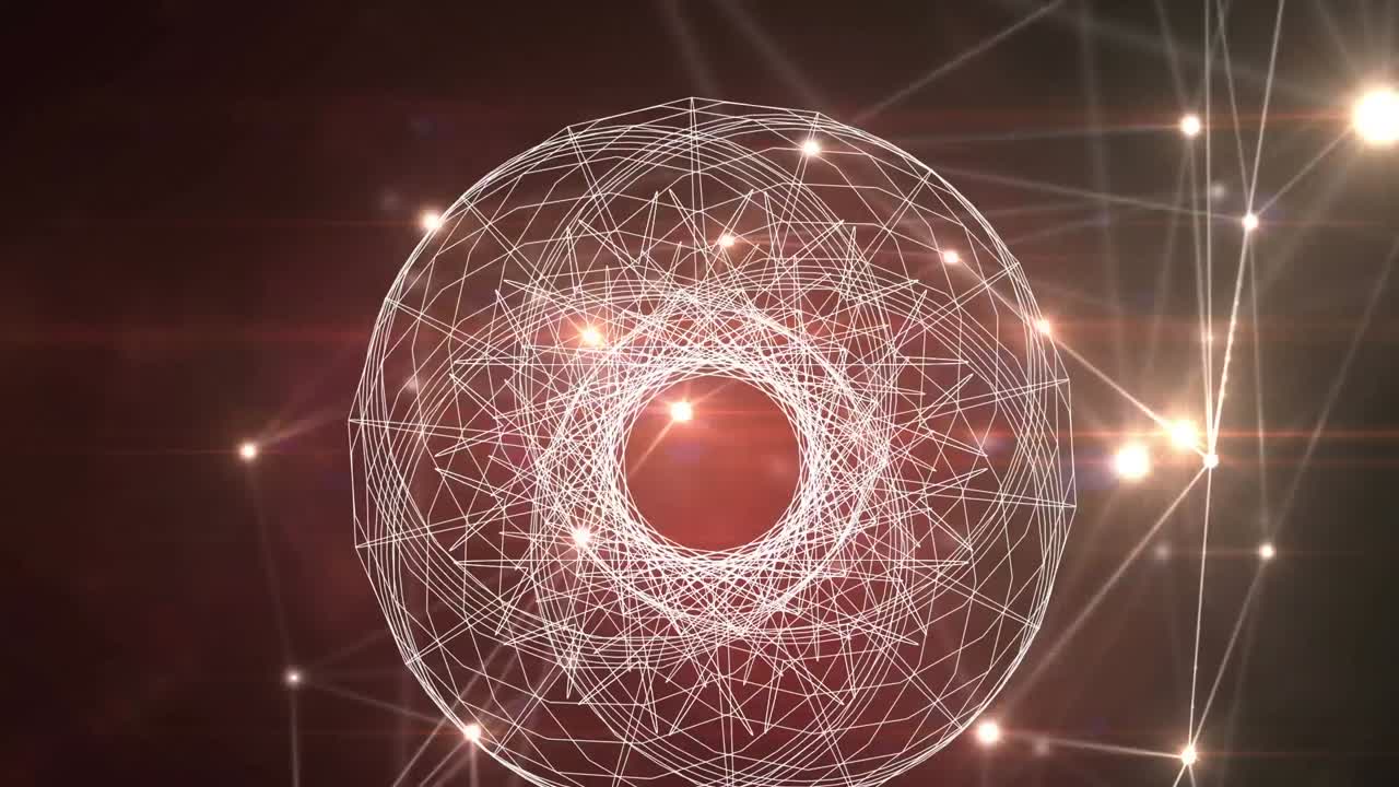 Digital animation of glowing network of connections against spinning globe on red background