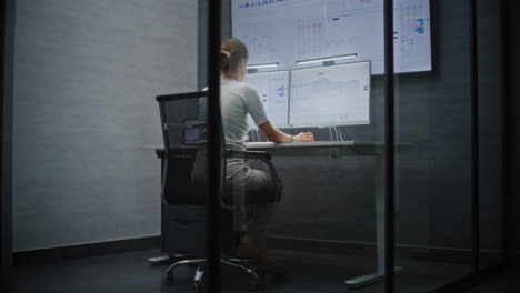 female stock exchange broker monitoring real-time stocks, exchange market charts on computer with multi-monitor desktop setup. professional investment agent working in financial agency office at night