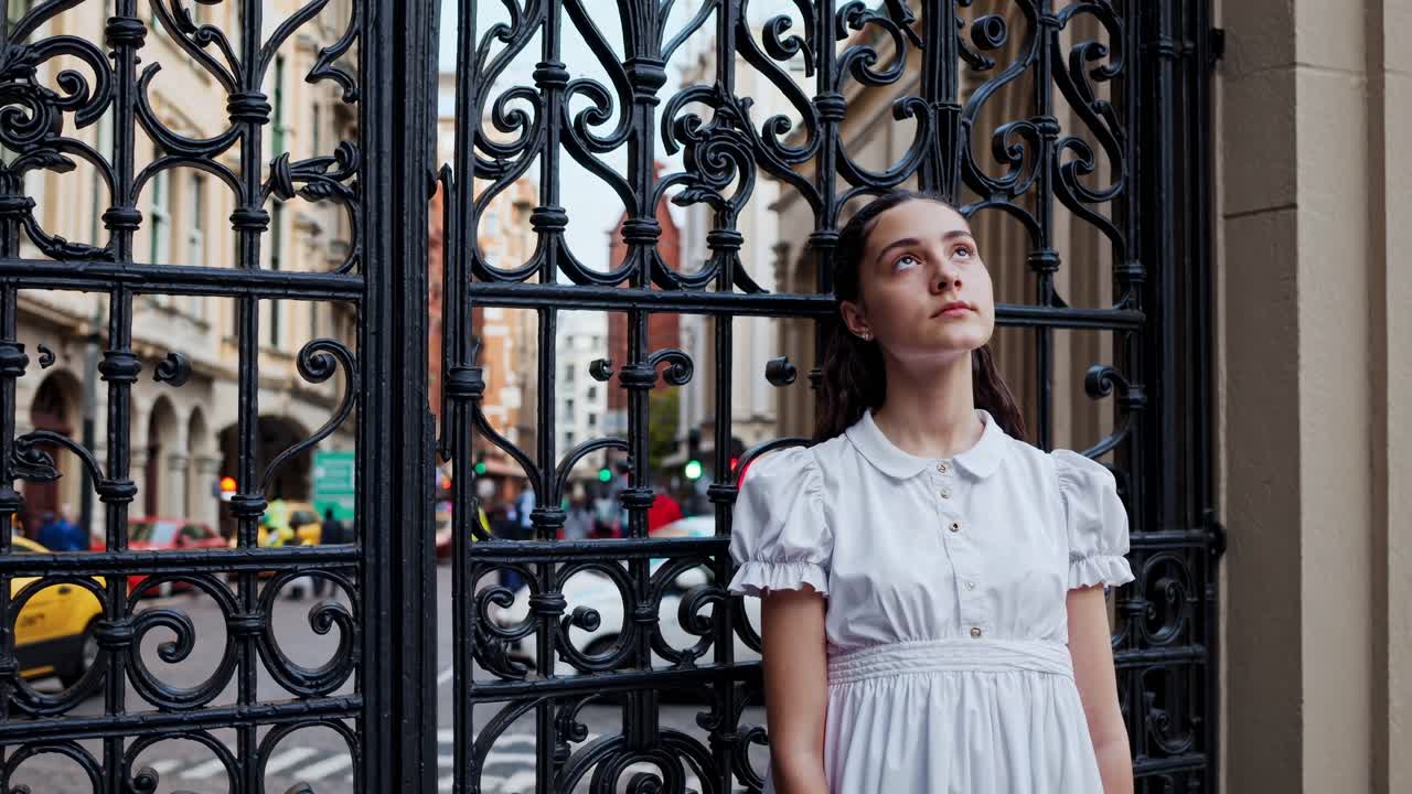 Young woman in white dress gazes thoughtfully upward against ornate iron gate, capturing a moment of reflection amidst urban backdrop and bustling street life