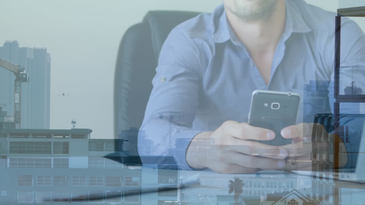 animación del paisaje urbano sobre un empresario caucásico que usa un teléfono inteligente