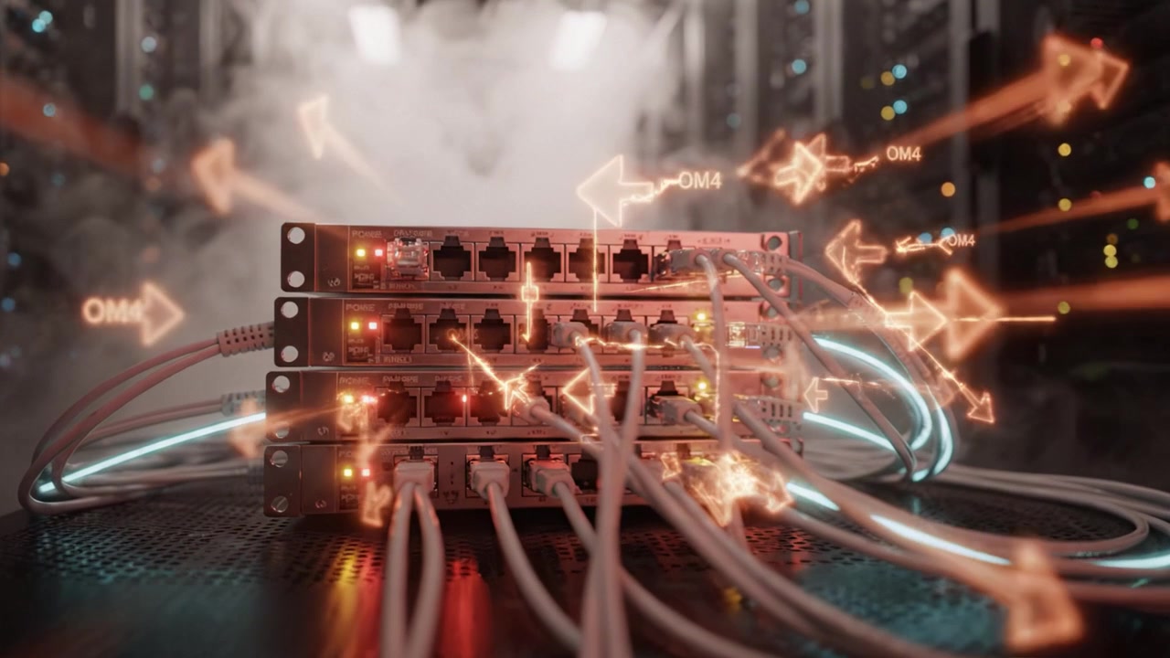 High-Tech Data Center with Networking Cables and Servers Emitting Colorful Lights with Vapor in the Air Showcasing Modern Computing Infrastructure