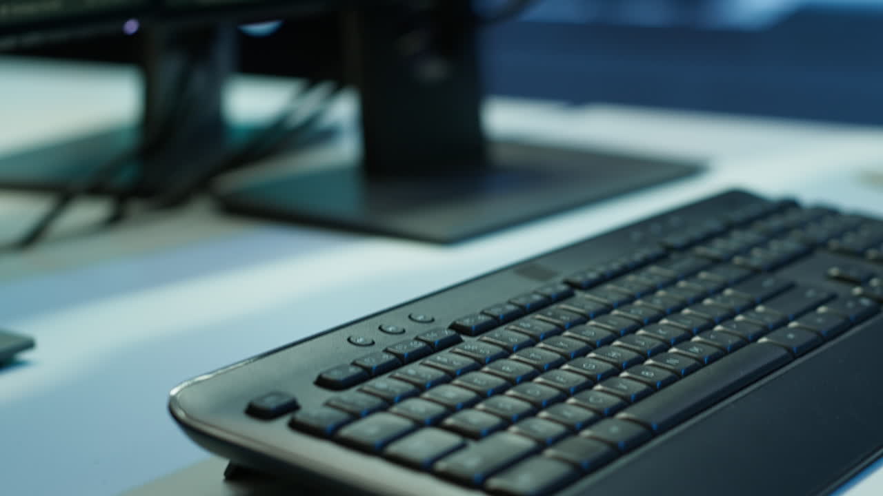 экстремальный крупный кадр компьютерных дисплеев на столе в серверной ферме