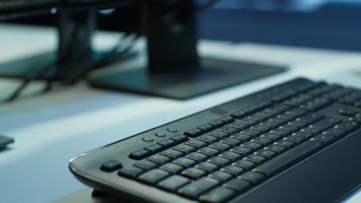 extremo close-up de exibições de computador na mesa na fazenda de servidores