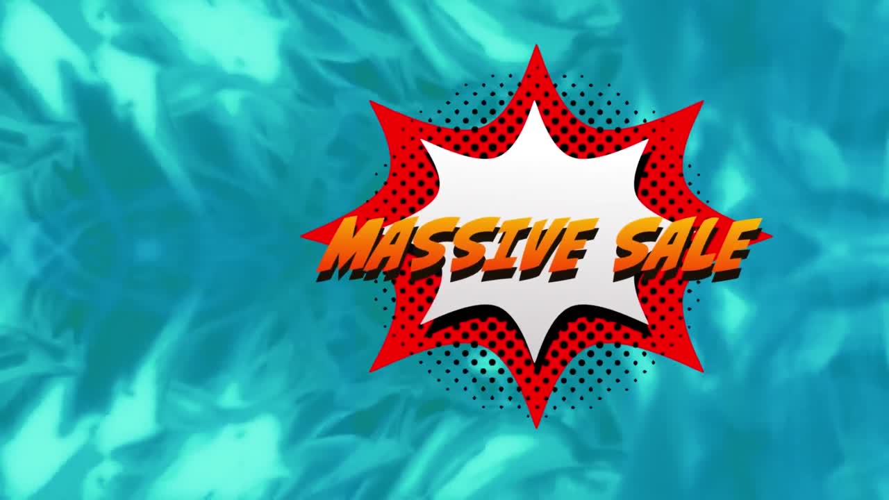 파란색 배경의 디지털 파도에 대한 레트로 연설 거품에 대한 대규모 판매 텍스트