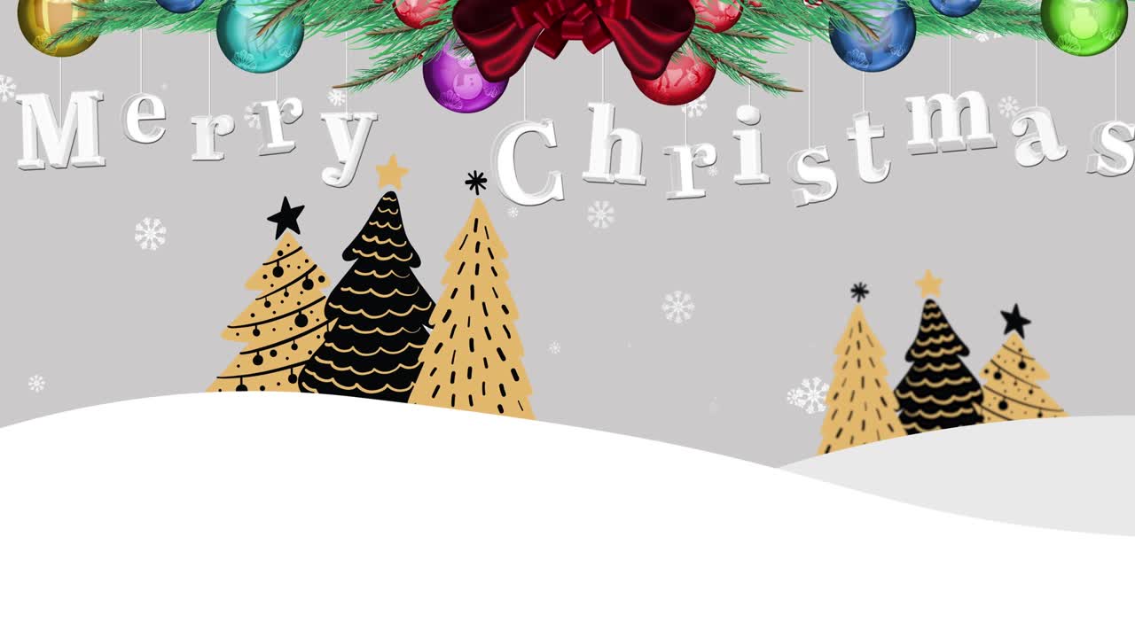 animación de abeto con texto de feliz navidad sobre nieve cayendo y árboles sobre fondo blanco