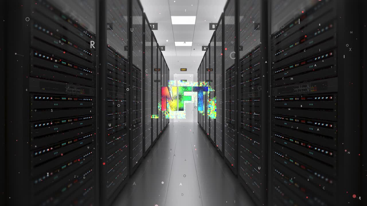 símbolo de arte de tokens no fungibles en el centro de datos futurista.