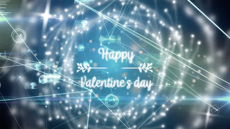 animation of network of connections and icons over valentines day text
